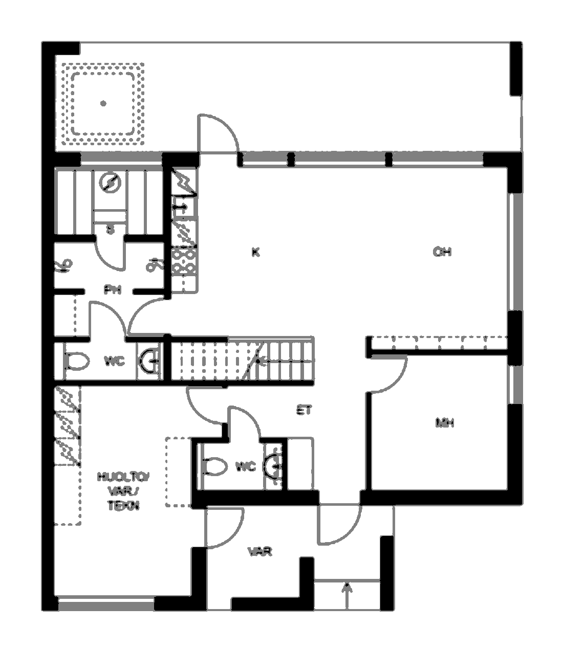 Ground floor plan: entrance hall, open kitchen and living room, one bedroom, sauna, washroom, two WCs, utility room and storage.
