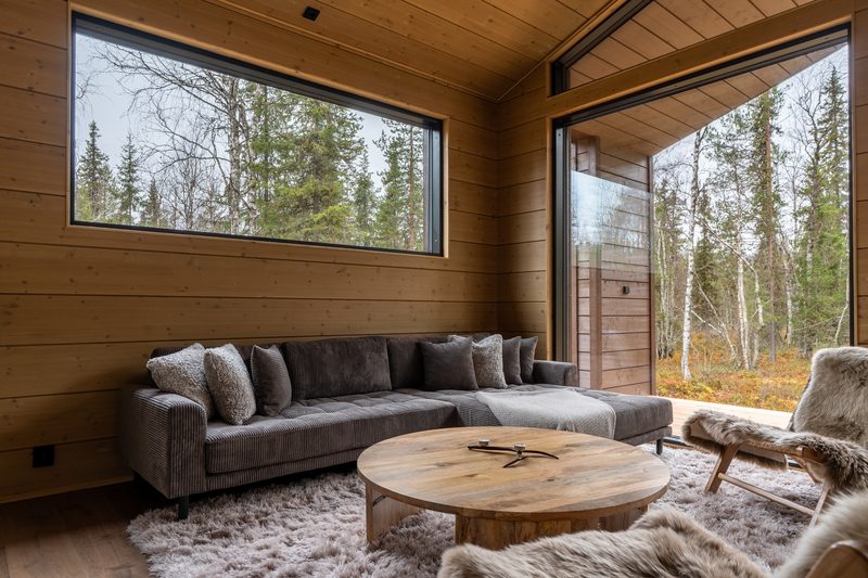 The living room corner where two glass walls meet, with the sofa facing the forest.